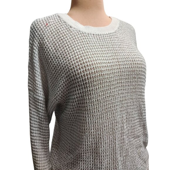 APT 9 L Womens Sweater White Silver Metallic Knit Sheer Pullover Shimmer Top - Picture 10 of 14